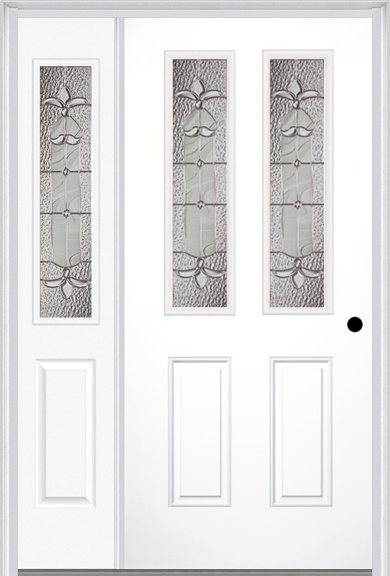 MMI 2-1/2 Lite 2 Panel 6'8" Fiberglass Smooth Expressions Satin Nickel Exterior Prehung Door With 1 Half Lite Expressions Satin Nickel Decorative Glass Sidelight 692